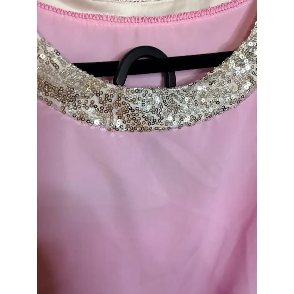 Pink two-piece batwing-sleeve pantsuit. Sparkling silver sequin trim. Size L.